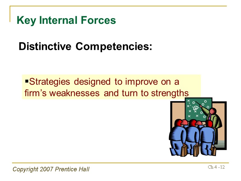 Copyright 2007 Prentice Hall Ch 4 -12 Key Internal Forces Distinctive Competencies: Strategies designed